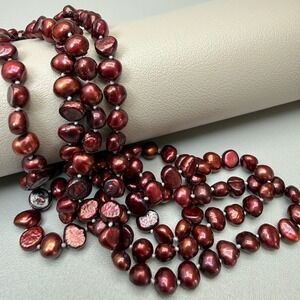 Dark Red Freshwater Pearl Strand Necklace 34" Opera Flapper Hand Knotted